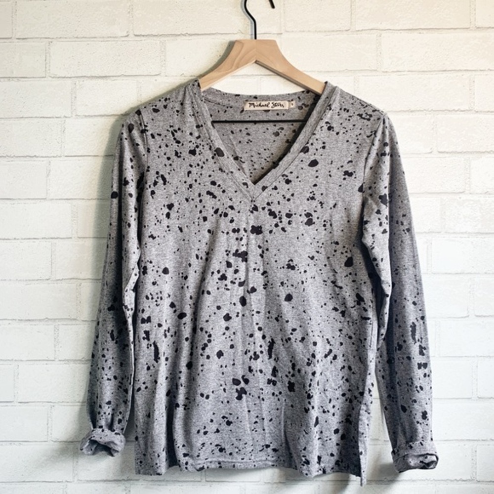 Vintage Y2K Michael Stars Gray Slub Knit Burnout Black Splatter V-Neck Top